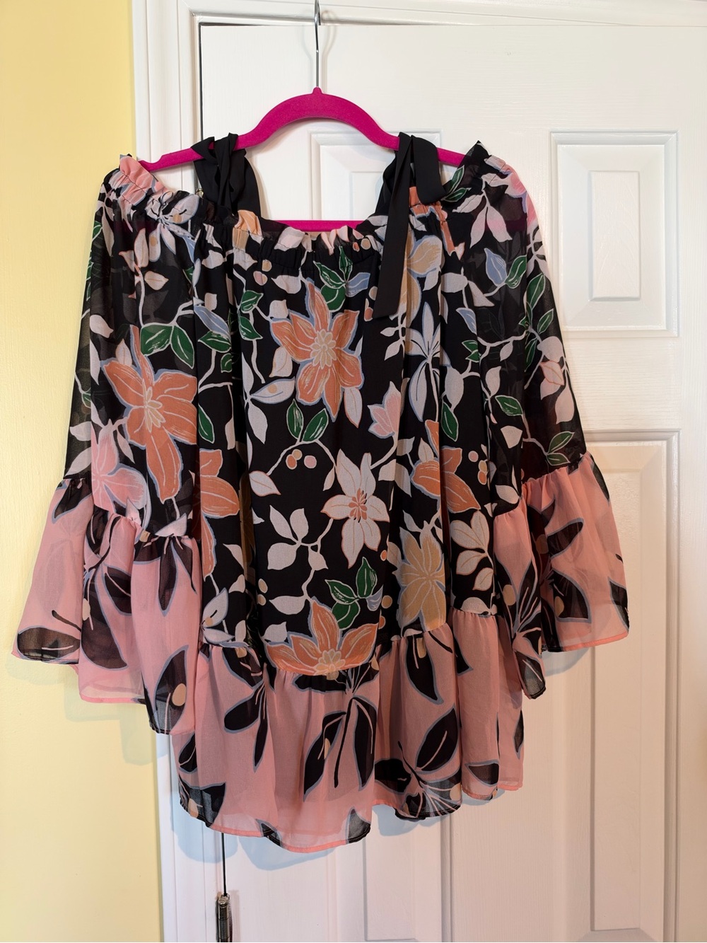 LOFT Black Floral Off-Shoulder Blouse with Pink Accents